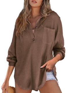 Foto 3 | Foto 3 | Camisa Astylish Henley Para Mujer, Manga Larga, Cuello En V, Color Café, Xxl - Venta Internacional.