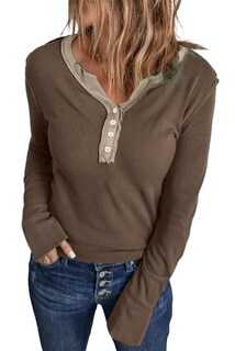 Foto 1 | Foto 1 | Top Acelit De Otoño Para Mujer, Cuello En V, Cuello En V, Marrón - Venta Internacional.
