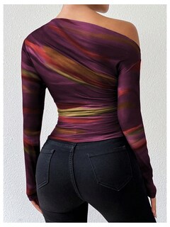 Foto 2 | Foto 2 | Camiseta Floerns Para Mujer, Cuello Asimétrico Y2k, Naranja M - Venta Internacional.