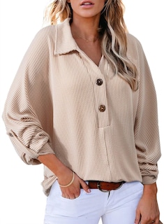 Foto 1 | Foto 1 | Camisa Elegante Para Mujer, Cuello En V, Manga Larga, Botones Henley Apricot - Venta Internacional.