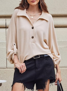 Foto 2 | Foto 2 | Camisa Elegante Para Mujer, Cuello En V, Manga Larga, Botones Henley Apricot - Venta Internacional.
