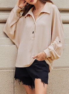 Foto 3 | Foto 3 | Camisa Elegante Para Mujer, Cuello En V, Manga Larga, Botones Henley Apricot - Venta Internacional.