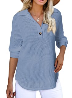 Foto 3 | Foto 3 | Camisa Henley De Punto Gofrado Con Cuello En V Para Mujer, Estilo Elegante, Azul Cielo - Venta Internacional.