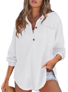 Foto 1 | Foto 1 | Camiseta Tipo Túnica Astylish Waffle De Punto Gofrado Con Cuello En V, Color Blanco Henley, Para Mujer - Venta Internacional.
