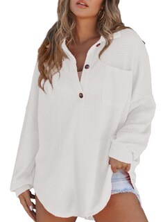 Foto 3 | Foto 3 | Camiseta Tipo Túnica Astylish Waffle De Punto Gofrado Con Cuello En V, Color Blanco Henley, Para Mujer - Venta Internacional.