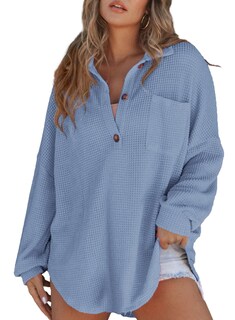 Foto 1 | Foto 1 | Camisa Astylish Boyfriend Waffle, Túnica De Punto Gofrado, Azul Cielo - Venta Internacional.