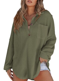 Foto 3 | Foto 3 | Top Elegante Para Mujer, Cuello En V, Tejido Gofrado Con Botones Henley Moss Green - Venta Internacional.