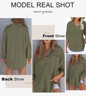 Foto 5 | Foto 5 | Top Elegante Para Mujer, Cuello En V, Tejido Gofrado Con Botones Henley Moss Green - Venta Internacional.
