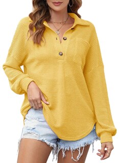 Foto 6 | Foto 6 | Camisa Astylish Boyfriend Waffle Knitt Para Mujer, Túnica Amarilla - Venta Internacional.