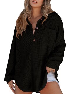 Foto 3 | Foto 3 | Top Astylish De Punto Gofrado, Manga Larga, Cuello En V, Color Negro Henley Xl - Venta Internacional.