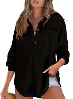 Foto 1 | Foto 1 | Camiseta Tipo Túnica Astylish Waffle Con Cuello En V, Color Negro Henley, Para Mujer - Venta Internacional.