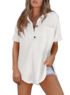 Foto 1 | Foto 1 | Blusa Tipo Túnica Elegante De Punto Gofrado, Manga Corta, Cuello En V, Blanca - Venta Internacional.