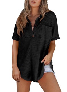 Foto 1 | Foto 1 | Camiseta Tipo Túnica Astylish Waffle Con Cuello En V, Color Negro Henley, Para Mujer - Venta Internacional.