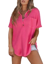 Camisa Astylish Henley Para Mujer, Manga Corta, Cuello En V, Punto Gofrado - Venta Internacional.
