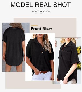 Foto 4 | Foto 4 | Camisa Astylish Henley Para Mujer, Manga Corta, Cuello En V, Negra - Venta Internacional.