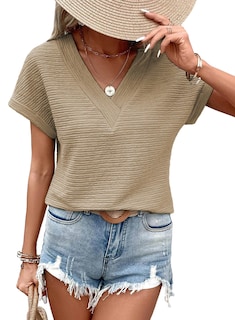 Foto 1 | Foto 1 | Blusa Tipo Túnica Evaless Para Mujer 2025 Con Cuello En V Y Manga Corta, Color Caqui - Venta Internacional.