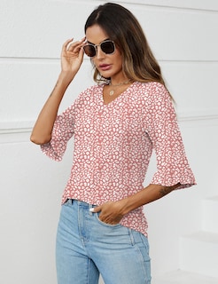 Foto 4 | Foto 4 | Blusa Lomon Para Mujer, Manga 3/4, Cuello En V, Estampado Floral De Verano, Talla S - Venta Internacional.