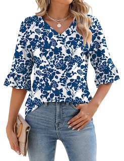 Foto 1 | Foto 1 | Blusa Tipo Túnica Lomon Para Mujer, Manga 3/4, Cuello En V, Azul Y Blanco S - Venta Internacional.