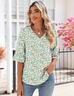 Foto 2 | Foto 2 | Blusa De Verano Con Ojales Para Mujer Top Lomon, Manga 3/4, Verde, Talla M - Venta Internacional.