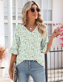 Foto 3 | Foto 3 | Blusa De Verano Con Ojales Para Mujer Top Lomon, Manga 3/4, Verde, Talla M - Venta Internacional.