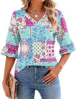 Foto 1 | Foto 1 | Camisetas Lomon Con Cuello En V Y Manga 3/4 Para Mujer, Estilo Bohemio - Venta Internacional.