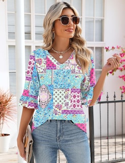 Foto 3 | Foto 3 | Camisetas Lomon Con Cuello En V Y Manga 3/4 Para Mujer, Estilo Bohemio - Venta Internacional.