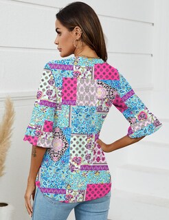 Foto 4 | Foto 4 | Camisetas Lomon Con Cuello En V Y Manga 3/4 Para Mujer, Estilo Bohemio - Venta Internacional.