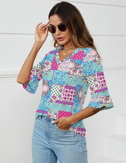 Foto 5 | Foto 5 | Camisetas Lomon Con Cuello En V Y Manga 3/4 Para Mujer, Estilo Bohemio - Venta Internacional.