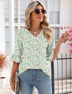 Foto 3 | Foto 3 | Top Lomon Para Mujer, Manga 3/4, Túnica, Cuello En V, Verde Y Blanco, Estampado Floral - Venta Internacional.