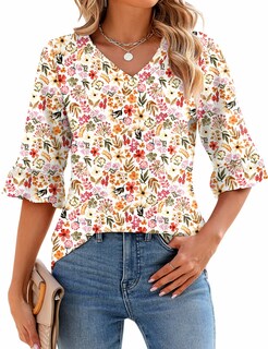 Foto 1 | Foto 1 | Blusa De Trabajo Top Lomon Con Cuello En V Y Ojales Para Mujer, Manga 3/4 - Venta Internacional.