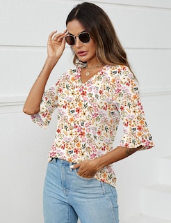 Foto 5 | Foto 5 | Blusa De Trabajo Top Lomon Con Cuello En V Y Ojales Para Mujer, Manga 3/4 - Venta Internacional.
