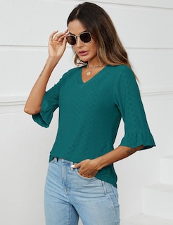 Foto 4 | Foto 4 | Blusa Tipo Túnica Lomon Para Mujer, Cuello En V, Manga 3/4, Azul Pavo Real - Venta Internacional.