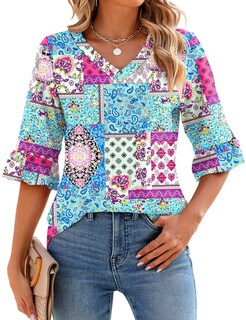 Foto 1 | Foto 1 | Blusa Lomon Para Mujer, Manga 3/4, Cuello En V, Con Volantes, Azul M - Venta Internacional.