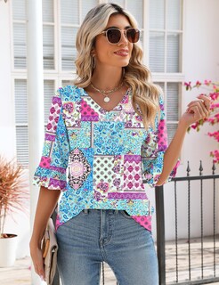 Foto 3 | Foto 3 | Blusa Lomon Para Mujer, Manga 3/4, Cuello En V, Con Volantes, Azul M - Venta Internacional.