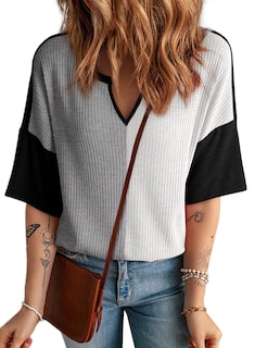 Foto 1 | Foto 1 | Camisa Dokotoo De Manga Corta Con Cuello En V, Punto Gofrado Para Mujer, Gris - Venta Internacional.