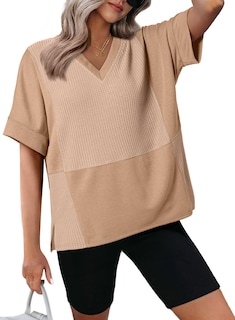 Foto 1 | Foto 1 | Camiseta Dokotoo Brown Sobredimensionada De Punto Gofrado Con Cuello En V Para Mujer 2025 - Venta Internacional.