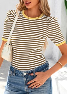 Foto 4 | Foto 4 | Camiseta Prettygarden Para Mujer, Color Caqui, Con Bloques De Colores, Color Caqui - Venta Internacional.