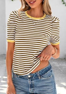 Foto 5 | Foto 5 | Camiseta Prettygarden Para Mujer, Color Caqui, Con Bloques De Colores, Color Caqui - Venta Internacional.