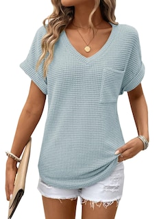 Foto 1 | Foto 1 | Camisetas Dokotoo De Punto Gofrado Con Cuello En V Y Manga Corta Para Mujer - Venta Internacional.