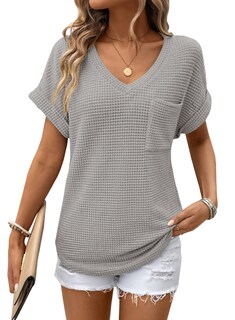 Foto 1 | Foto 1 | Tops Dokotoo De Punto Gofrado Con Cuello En V Y Manga Corta Para Mujer, Color Gris - Venta Internacional.