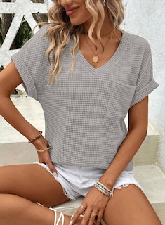 Foto 3 | Foto 3 | Tops Dokotoo De Punto Gofrado Con Cuello En V Y Manga Corta Para Mujer, Color Gris - Venta Internacional.