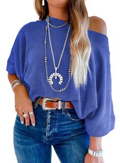 Foto 1 | Foto 1 | Camiseta Evaless Con Hombros Descubiertos Y Manga 3/4 Para Mujer, Color Azul Oscuro - Venta Internacional.