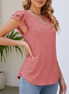Foto 3 | Foto 3 | Camiseta Alvaq Para Mujer Con Volantes, Manga Corta, Cuello En V, Color Coral - Venta Internacional.