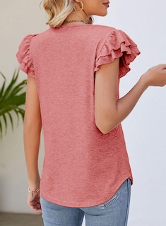 Foto 4 | Foto 4 | Camiseta Alvaq Para Mujer Con Volantes, Manga Corta, Cuello En V, Color Coral - Venta Internacional.