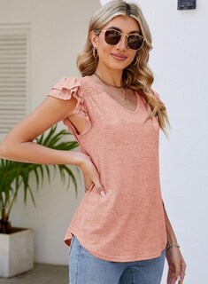 Foto 4 | Foto 4 | Camiseta Alvaq Trendy Con Volantes Y Manga Corta Con Cuello En V Para Mujer - Venta Internacional.