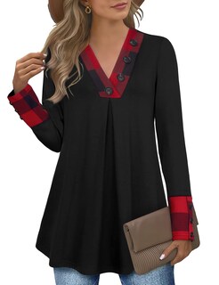 Foto 1 | Foto 1 | Blusa Tipo Túnica Messic Para Mujer, Moda De Otoño 2024, Cuello En V, Color Negro A Cuadros - Venta Internacional.