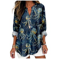 Camisa Marsvovo Azul Con Estampado De Pulpo Para Mujer  Cuello En V  Manga Larga - Venta Internacional.