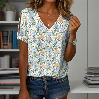 Foto 2 | Foto 2 | Blusa Zhyaj De Manga Corta Con Cuello En V Y Estampado Floral Bohemio Para Mujer - Venta Internacional.