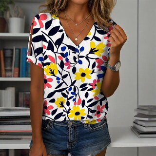 Foto 2 | Foto 2 | Blusa Zhyaj De Manga Corta Con Cuello En V Y Estampado Floral Bohemio Para Mujer - Venta Internacional.
