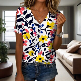 Foto 3 | Foto 3 | Blusa Zhyaj De Manga Corta Con Cuello En V Y Estampado Floral Bohemio Para Mujer - Venta Internacional.